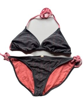 Target L coral and grey triangle string bikini bottoms are side closure